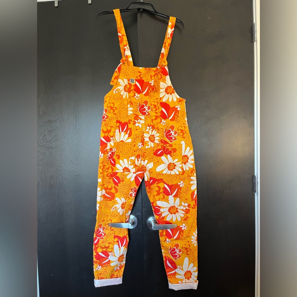 Lucy & Yak bright yellow, orange and white overalls